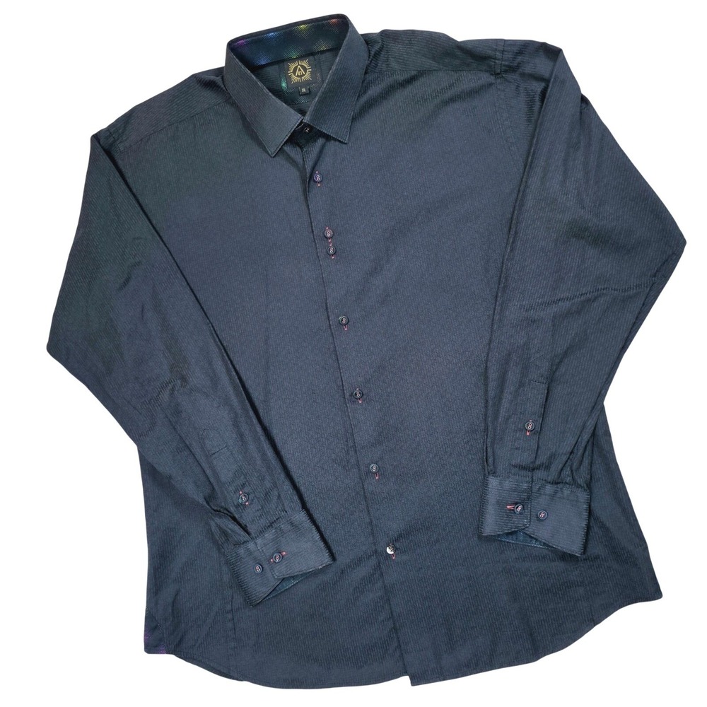 A21 Mens XL Black Textured Stripe‎ Button Down Shirt Rainbow Polka Dot Flip Cuff - Picture 2 of 8